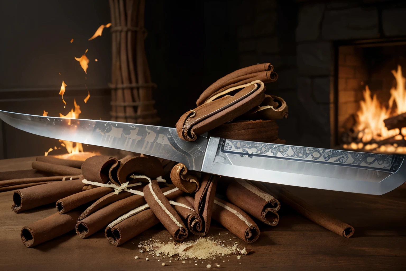 Create an illustration that depicts (((cinnamon as a magic sword))) fighting cholesterol. {Draw a stylized cinnamon stick} like a sword, with details and patterns that refer to its characteristic texture and color. Around [the cinnamon sword], small particles of cholesterol were cut in half, disintegrating or turning into healthy fragments.