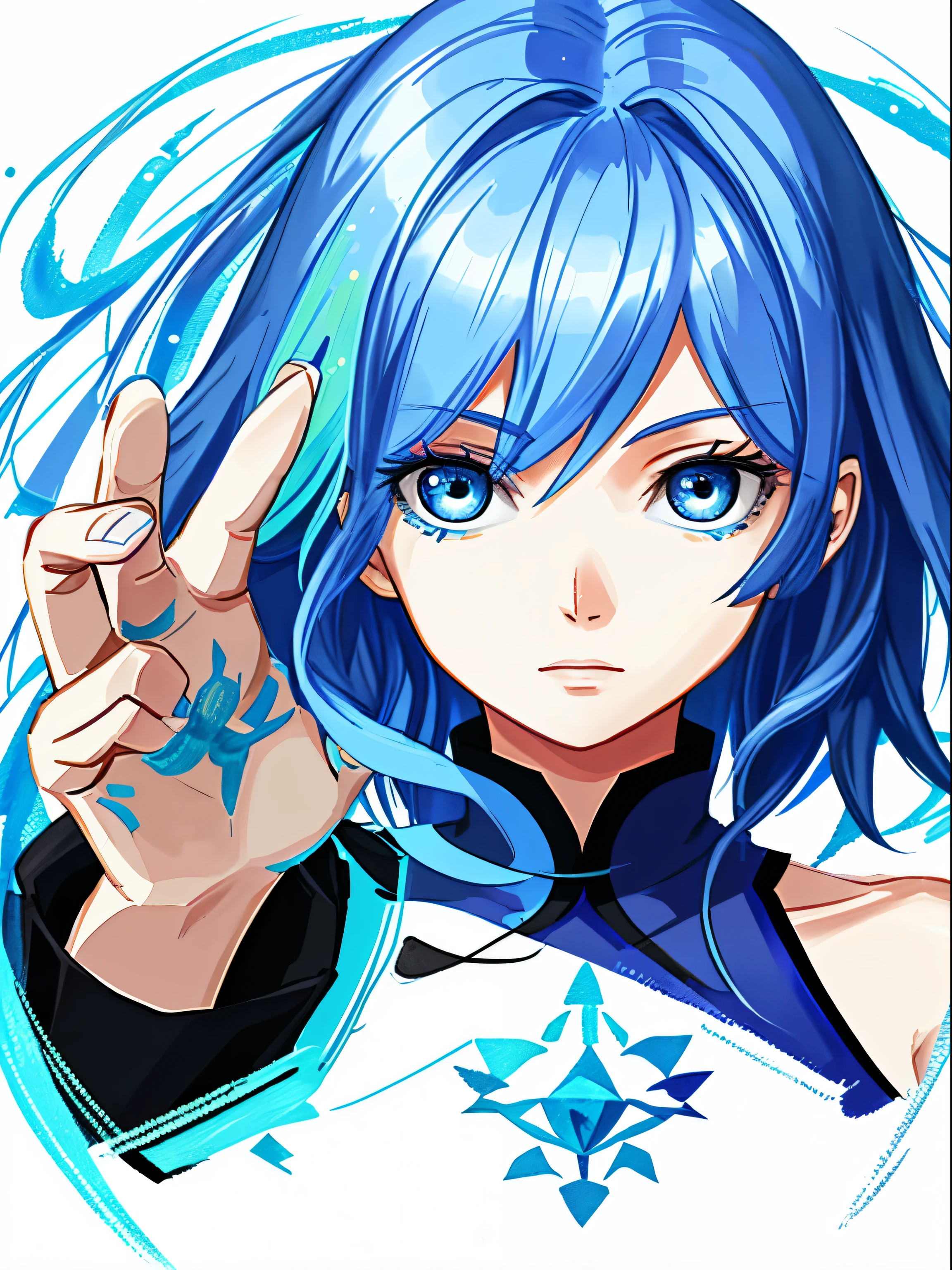 Akane, blue hair, blue eyes, hand drawing, colored pencils, construction ,
