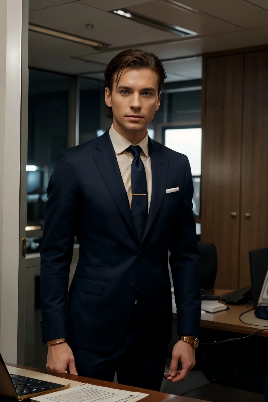 A white man, very thin, 32 years old, dark brown hair, business photo, cinematic, dramatic cinema, in an elegant suit and tie (navy blue suit), wearing a watch (ultra detailed gold) on one wrist, in power pose, confident pose, in an office (in the background some books and a computer), real life, ultra realistic, photorealism, hyper extreme detailed, best quality, maximum quality, 8k.