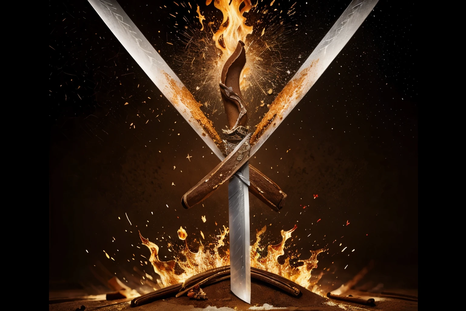 Create an illustration that depicts (((cinnamon as a magic sword))) fighting cholesterol. {Draw a stylized cinnamon stick} like a sword, with details and patterns that refer to its characteristic texture and color. Around [the cinnamon sword], small particles of cholesterol were cut in half, disintegrating or turning into healthy fragments.
