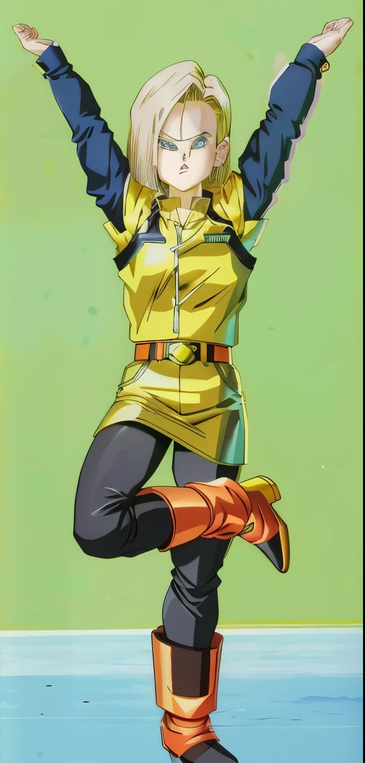 Android 18, close up of Android 18 in a yellow jacket and black pants, most strongest pose, pose(arms up + serious face), female protagonist, full body, badass pose, short blonde hairs, blue eyes, golden earrings