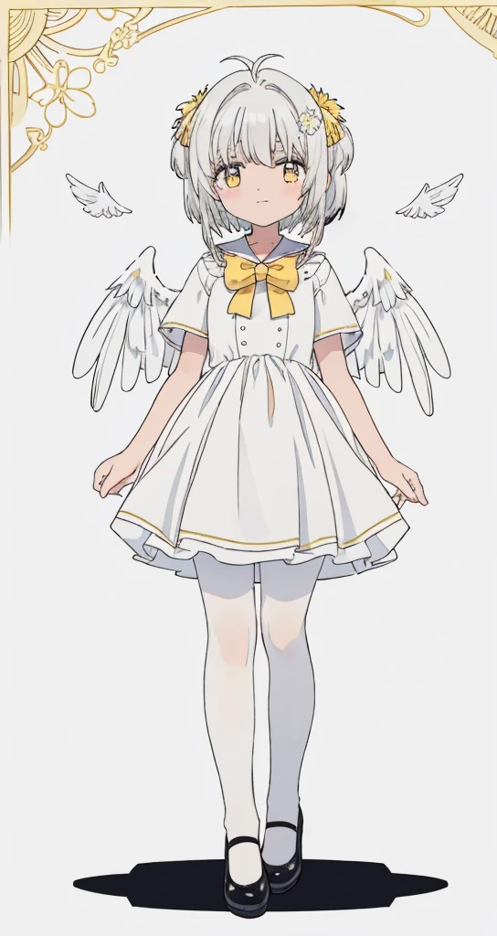 obra maestra, ((Mejor calidad)),muy detallado,estilo vidriera,Solo,(blanco_cabello),long cabello,Ojo amarillo,Small,angel,aureola,angel wings,blanco_vestido,blanco pantyhose,Sin zapatos