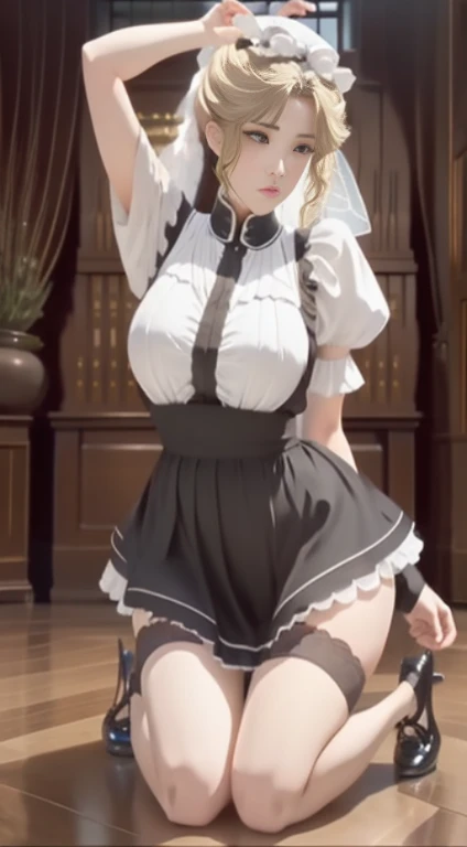 nsfw, 8k, Delicate image quality, best quality, (((blond twintails))), maid uniform, panty hose,  Beautiful girl, masterpiece, best quality, ultra detailed, Photo taken from below, leg spread,Photo taken from below, bedroom,