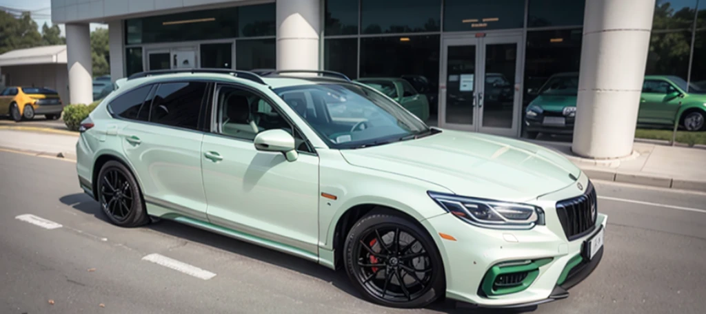 mint green plastic color 4x4 luxury sports sedan pursuit scene, spinning wheels, maybach style alloy rims, toyota, porsche, honda crv, brabus, subaru, nissan, mitsubishi, urban scene