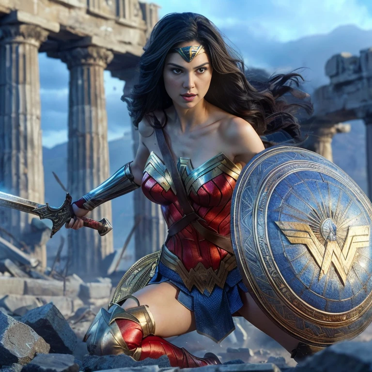 GAL GADOT mujer hermosa, caucasian with long black hair, ojos oscuros, vestida como wonder woman rojo y azul, reina amazona, porta una espada y un escudo, in defense position to attack, al fondo ruinas griegas ((Calidad superior, 8k, obra maestra: 1.3)), belleza, GAL GADOT, Grande: 1.3, Abdominales delgados: 1.1, Textura facial y de piel muy detallada., Ojos detallados  