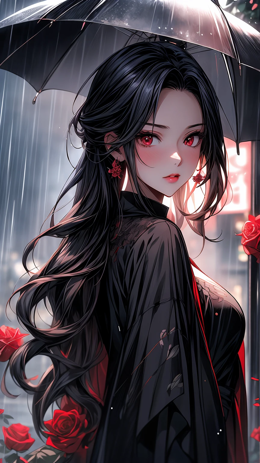 a girl is holding a rose in the rain, cgsociety 9, rose background, by Lü Ji, 🌺 cgsociety, roses background, hd anime wallpaper, pinterest anime, beautiful anime portrait, beautiful digital artwork, ”beautiful anime woman, beautiful gorgeous digital art, digital anime art, beautiful wallpaper, beautiful anime style, beautiful iphone wallpaper, beautiful portrait image