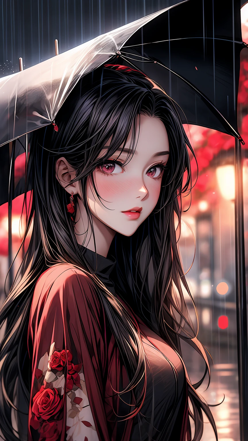 a girl is holding a rose in the rain, cgsociety 9, rose background, by Lü Ji, 🌺 cgsociety, roses background, hd anime wallpaper, pinterest anime, beautiful anime portrait, beautiful digital artwork, ”beautiful anime woman, beautiful gorgeous digital art, digital anime art, beautiful wallpaper, beautiful anime style, beautiful iphone wallpaper, beautiful portrait image