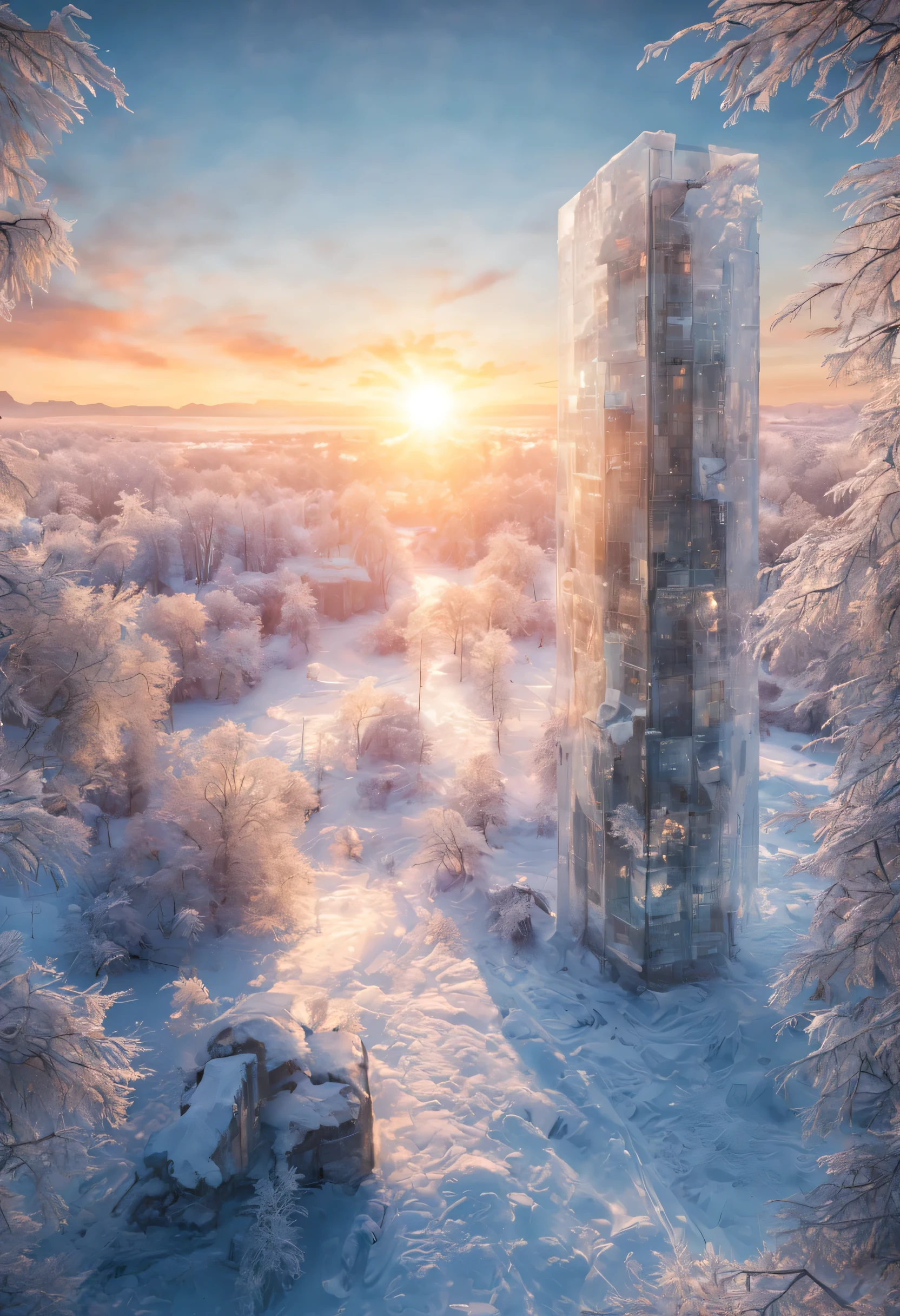 A world entirely covered in transparent ice, we see through buildings and vegetation. There is a beautiful detailed and textured sunrise and the rays shine through the ice