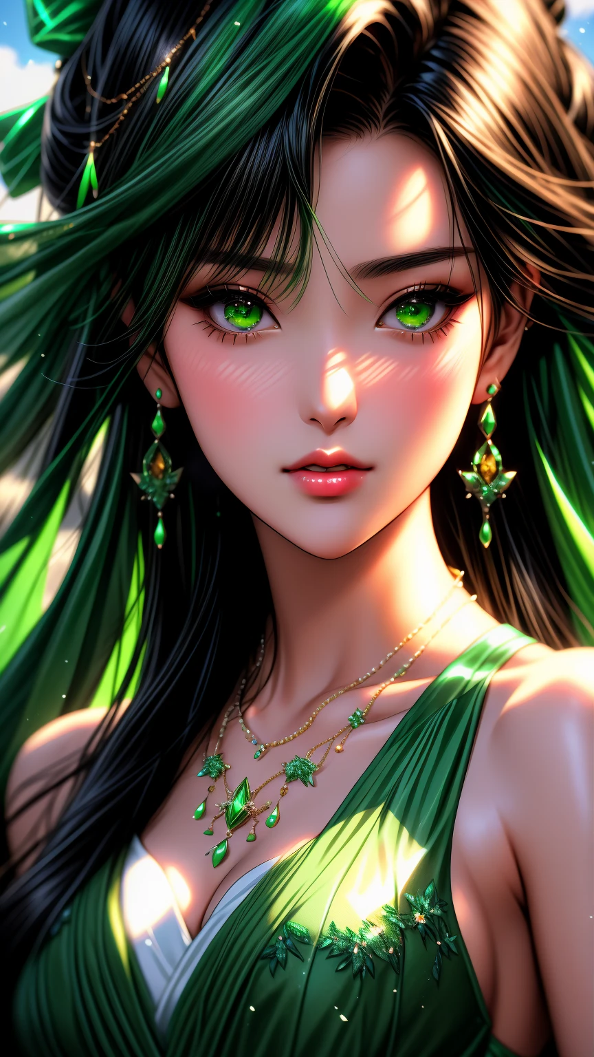 a close up of a woman in a Green dress with a necklace, artgerm on artstation pixiv, sakimi chan, extremely detailed artgerm, sakimichan frank franzzeta, trending on artstation pixiv, sakimichan, ! dream artgerm, fanart best artstation, trending on artstation:3