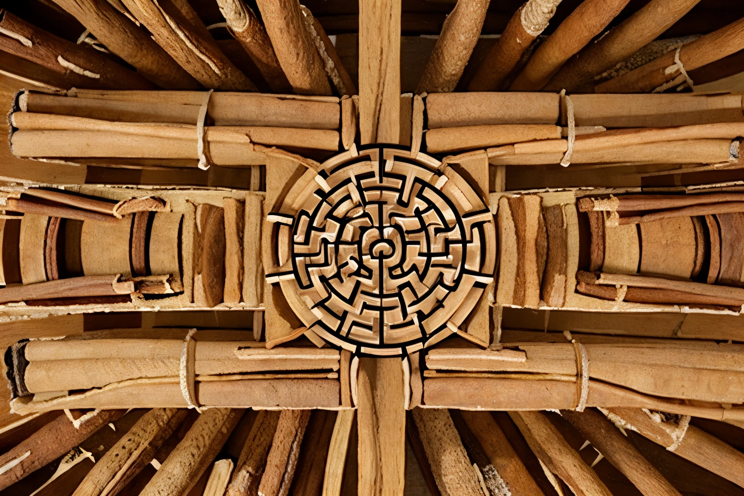 (((Illustrate a maze made of cinnamon))), where the objective is to find the {exit to a healthy heart}. Design an intricate maze, with paths constructed from [cinnamon strips]. In the center of the maze, draw a healthy, vibrant heart. Along the way to the heart, draw small particles of cholesterol being deflected or dissolved by the presence of cinnamon.