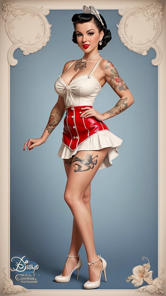 Detailed and lifelike depictions of Snow White, radiating a distinct pin-up style. Very Sexy. Dressed in miniskirts, white high heel sandals, stockings, and heels, their attire reflects the iconic colors of their traditional outfits, ensuring they're instantly recognizable as their respective characters. While classic features are present, the pin-up flair is undeniable. Artful tattoos add a contemporary touch. Their postures and expressions, combined with their pin-up attire, create a fusion of classic Disney and vintage allure. White photo studio background, hot shoot.