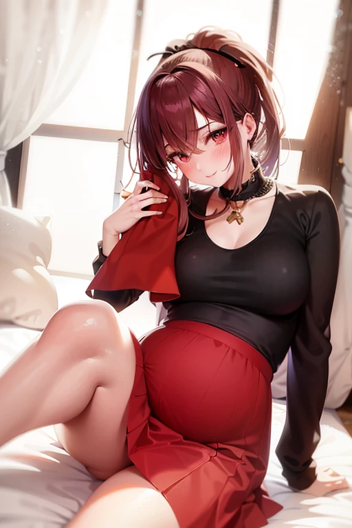1 girl, lip flap, blush blush, cosmetic, faint smile, black hair color hair, Red-eyed, crop top, skirt, light, glow, thigh, clavicle, thin waist, (masterpiece), wallpaper,pregnant belly, 孕妇maternity clotheaternity clothes,pregnant belly,pregnant belly, 孕妇maternity clotheaternity clothes,pregnant belly,pregnant belly