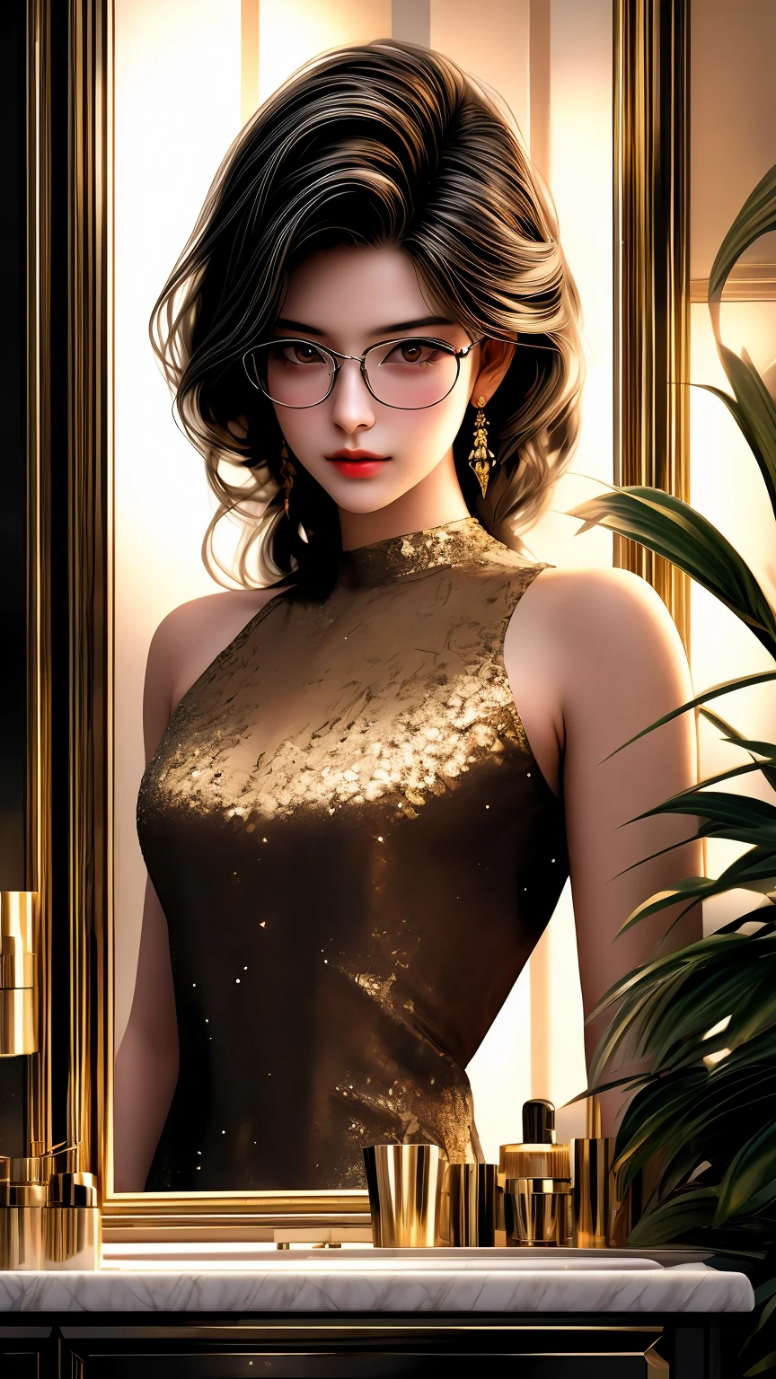 (best quality,4k,8k,highres,masterpiece:1.2),ultra-detailed,(realistic,photorealistic,photo-realistic:1.37),woman wearing full face,glasses,elegant formal,Hannah Yata style,phone,bathroom,ar 9:16,v 6.0,illustration,oil painting,soft palette,color harmony,gentle lighting,portrait,telephone booth,marble walls,contemporary interior design,beautifully lit mirror,modern fixtures,artistic portrayal,warm undertones,luxurious ambiance,vivid colors,reflections on the mirror,subtle shadows,stylishly dressed woman,majestic presence,elaborate jewelry,meticulously painted eyes and lips,detailed facial features,sophisticated hairstyle,confident expression,classy glasses,graceful posture,meaningful phone conversation,surrounded by plants and flowers,serene ambiance,mirror distortion effects,natural light coming through the window,relaxed atmosphere,luxurious bathroom amenities,sparkling clean space,crisp details of the clothing,textured surfaces,seamlessly blended colors,beautifully captured emotions,delicate brushstrokes.