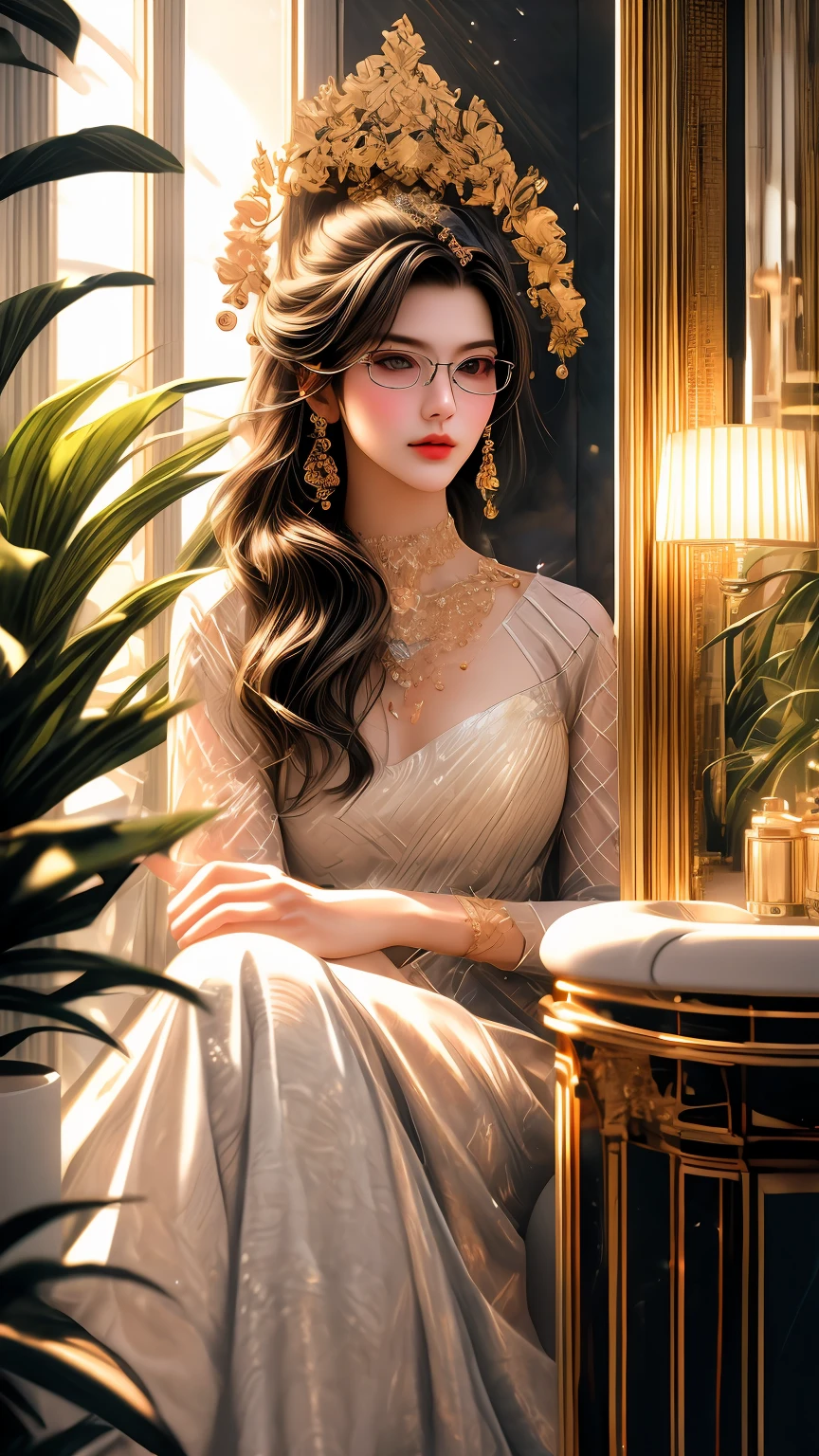(best quality,4k,8k,highres,masterpiece:1.2),ultra-detailed,(realistic,photorealistic,photo-realistic:1.37),woman wearing full face,glasses,elegant formal,Hannah Yata style,phone,bathroom,ar 9:16,v 6.0,illustration,oil painting,soft palette,color harmony,gentle lighting,portrait,telephone booth,marble walls,contemporary interior design,beautifully lit mirror,modern fixtures,artistic portrayal,warm undertones,luxurious ambiance,vivid colors,reflections on the mirror,subtle shadows,stylishly dressed woman,majestic presence,elaborate jewelry,meticulously painted eyes and lips,detailed facial features,sophisticated hairstyle,confident expression,classy glasses,graceful posture,meaningful phone conversation,surrounded by plants and flowers,serene ambiance,mirror distortion effects,natural light coming through the window,relaxed atmosphere,luxurious bathroom amenities,sparkling clean space,crisp details of the clothing,textured surfaces,seamlessly blended colors,beautifully captured emotions,delicate brushstrokes.