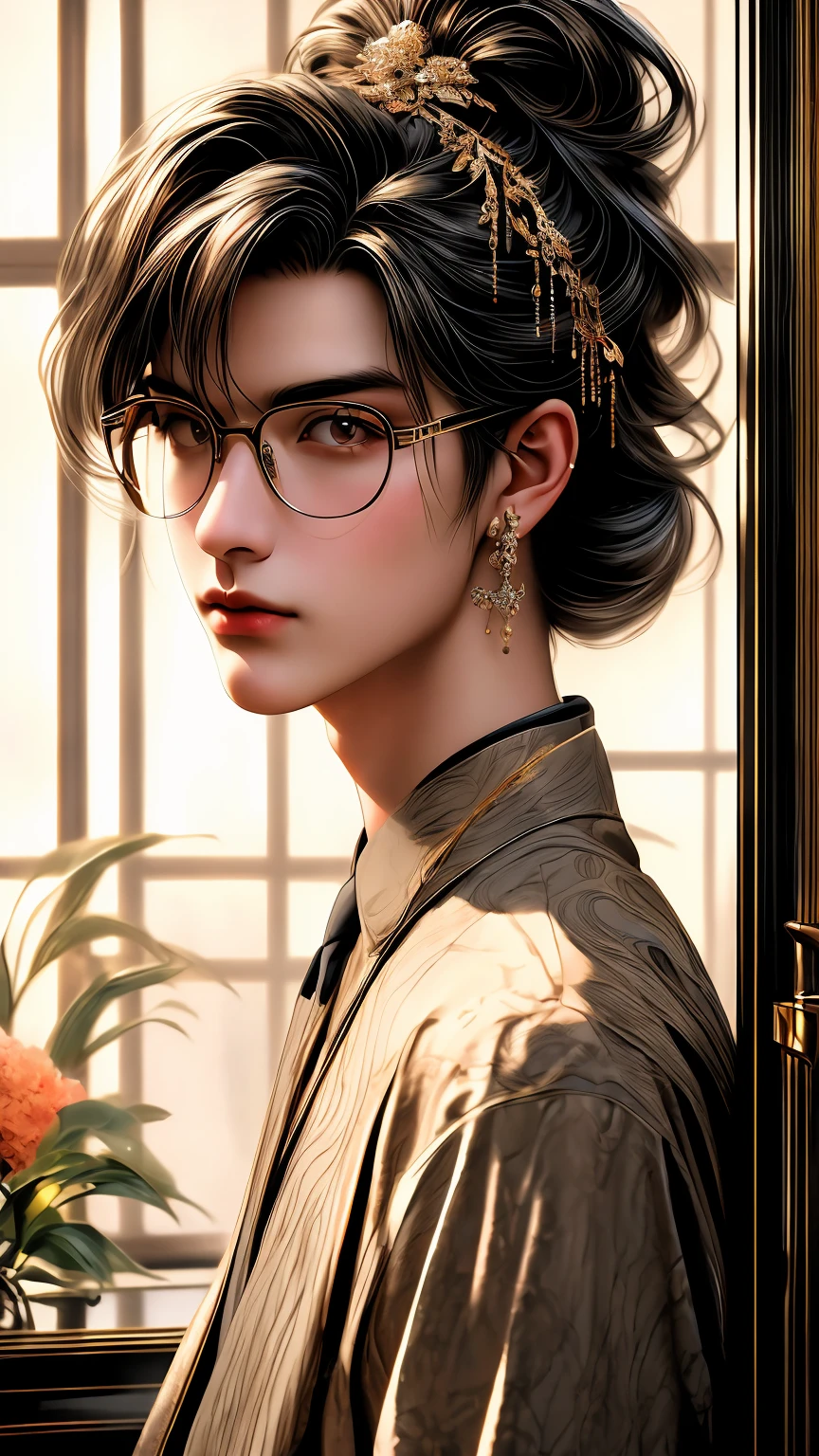 (best quality,4k,8k,highres,masterpiece:1.2),ultra-detailed,(realistic,photorealistic,photo-realistic:1.37),woman wearing full face,glasses,elegant formal,Hannah Yata style,phone,bathroom,ar 9:16,v 6.0,illustration,oil painting,soft palette,color harmony,gentle lighting,portrait,telephone booth,marble walls,contemporary interior design,beautifully lit mirror,modern fixtures,artistic portrayal,warm undertones,luxurious ambiance,vivid colors,reflections on the mirror,subtle shadows,stylishly dressed woman,majestic presence,elaborate jewelry,meticulously painted eyes and lips,detailed facial features,sophisticated hairstyle,confident expression,classy glasses,graceful posture,meaningful phone conversation,surrounded by plants and flowers,serene ambiance,mirror distortion effects,natural light coming through the window,relaxed atmosphere,luxurious bathroom amenities,sparkling clean space,crisp details of the clothing,textured surfaces,seamlessly blended colors,beautifully captured emotions,delicate brushstrokes.
