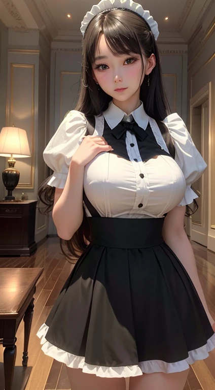 giganticbreasts、gaunt、Maid clothes、Big valley、Beautiful crotch、Sit on a desk、Primary school students、open legs、Black Panties