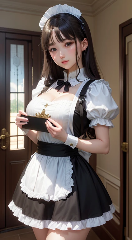 masterpiece,Boutique,meticulous,Delicate scenery,beautiful lighteautiful light and shadoirl,Hold your chest out)huge,,charming look,mini skirt,Continuous content,,black,black高跟鞋,(Maid appearance),model pose,meticulous的皮肤纹理,Tyndall effect,mansion