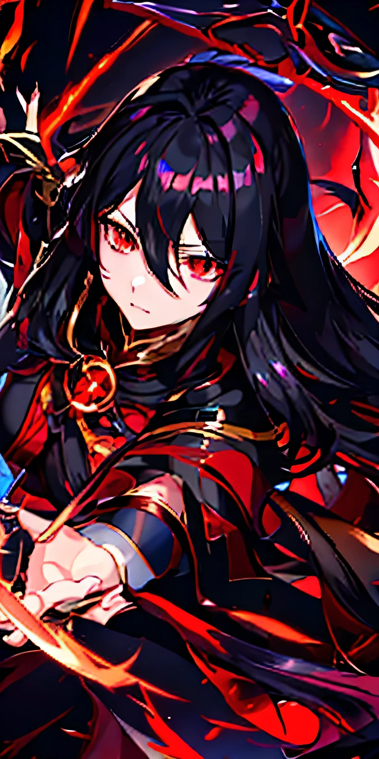 anime girl with long black hair and red eyes holding a sword, black - haired mage, ayaka genshin impact, shalltear bloodfallen, shalltear from overlord, portrait gapmoe yandere grimdark, darkness aura, dark witch character, demon anime girl, gapmoe yandere grimdark, keqing from genshin impact, by Jin Homura