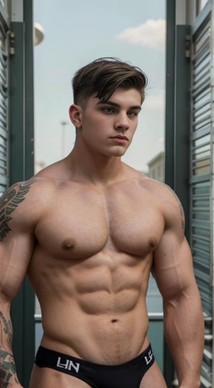 White Teenage boy , lion tattoos on half forearms 18 years old, military haircut, black hair, green eyes fixed, affiliated features, no facial hair, height 1.93, weight 100 kg, aesthetic muscular build, broad shoulders, V-shaped body, full body focus, completely hairless, 