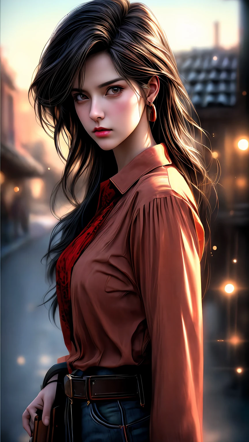 (a western woman in tight blouse holdings a gun brave posing background western town battle art),(cinematic) ,anime,4K , realistic,(vivid colors:1.1), (sharp focus:1.1), (photorealistic:1.37), (HDR:1.1), (ultra-fine painting:1.1), (physically-based rendering:1.1), (extreme detail description:1.1), (professional:1.1), (bokeh:1.1), (portraits:1.1), (landscape:1.1), western-style, (studio lighting:1.1), (horror:0.9), (sci-fi:0.9)
