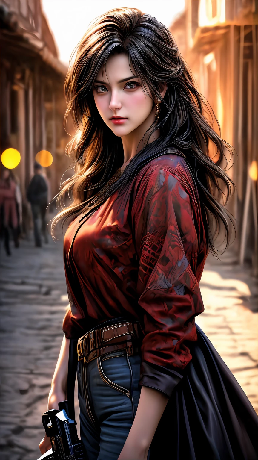 (a western woman in tight blouse holdings a gun brave posing background western town battle art),(cinematic) ,anime,4K , realistic,(vivid colors:1.1), (sharp focus:1.1), (photorealistic:1.37), (HDR:1.1), (ultra-fine painting:1.1), (physically-based rendering:1.1), (extreme detail description:1.1), (professional:1.1), (bokeh:1.1), (portraits:1.1), (landscape:1.1), western-style, (studio lighting:1.1), (horror:0.9), (sci-fi:0.9)