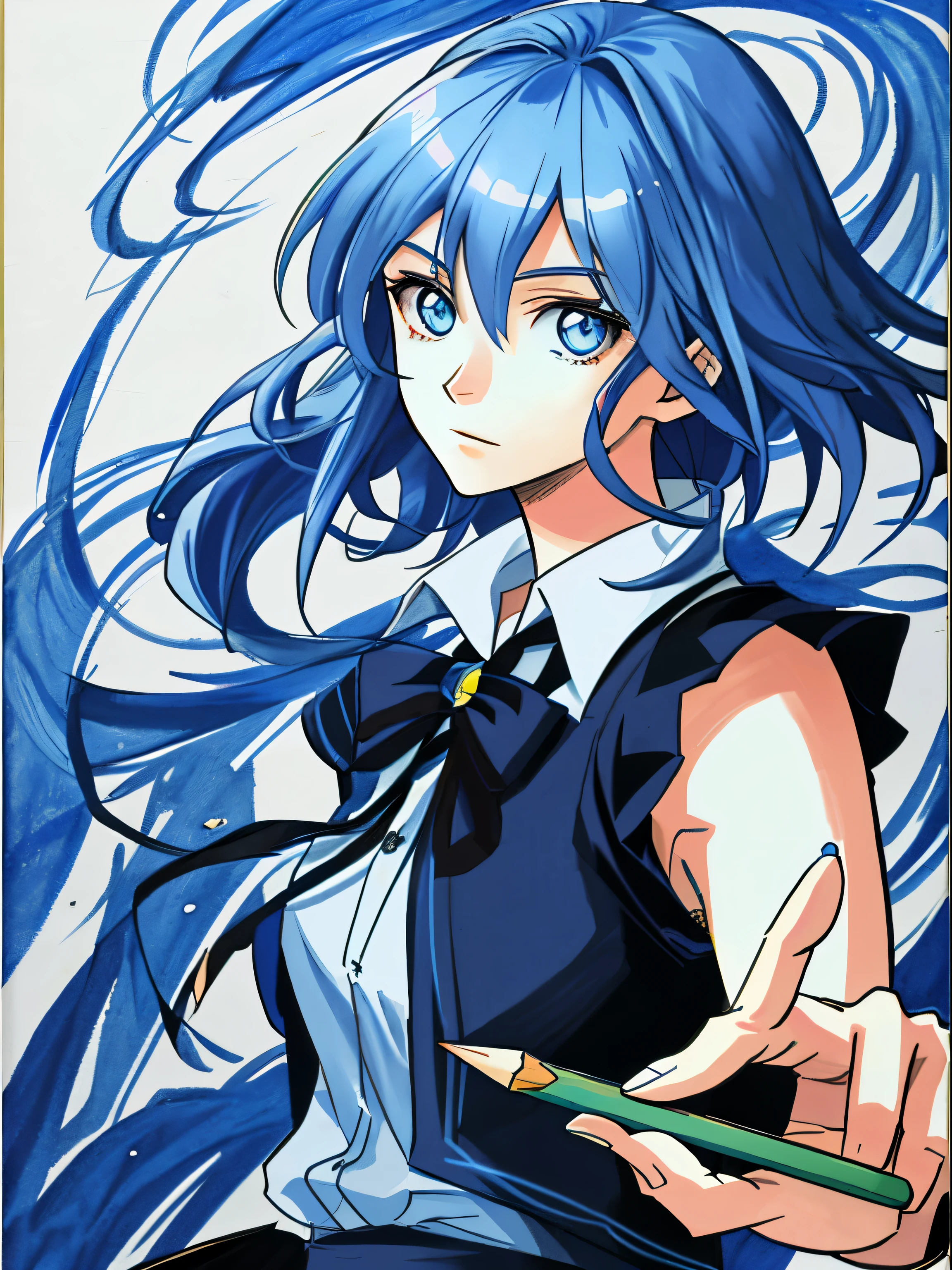 Akane, blue hair, blue eyes, hand drawing, colored pencils, construction ,