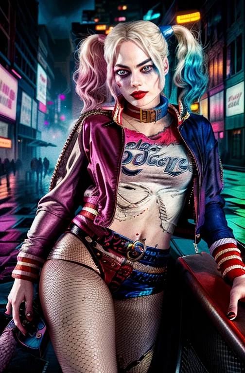 Margot Robbie, Harley Quinn, 20 years old, cyberpunk city backdrop, photography style, urban setting, neon lights, futuristic, edgy, punk fashion, multicolored hair, twintails, leather jacket, fishnet stockings, high heels, confident, powerful, vibrant colors, dramatic lighting, dynamic pose, cityscape, bustling streets, graffiti-covered walls, holographic billboards, street art, cybernetic enhancements, electric ambiance, rain-soaked streets, reflections, neon glow, intense shadows, misty atmosphere, detailed background, urban life, chaotic, raw energy, expressive face, immersive environment, night scene, cinematic photography, high resolution, ultra-detailed, by Annie Leibovitz and JR, Vogue