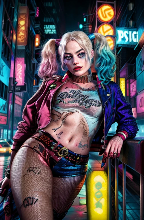 Margot Robbie, Harley Quinn, 20 years old, cyberpunk city backdrop, photography style, urban setting, neon lights, futuristic, edgy, punk fashion, multicolored hair, twintails, leather jacket, fishnet stockings, high heels, confident, powerful, vibrant colors, dramatic lighting, dynamic pose, cityscape, bustling streets, graffiti-covered walls, holographic billboards, street art, cybernetic enhancements, electric ambiance, rain-soaked streets, reflections, neon glow, intense shadows, misty atmosphere, detailed background, urban life, chaotic, raw energy, expressive face, immersive environment, night scene, cinematic photography, high resolution, ultra-detailed, by Annie Leibovitz and JR, Vogue