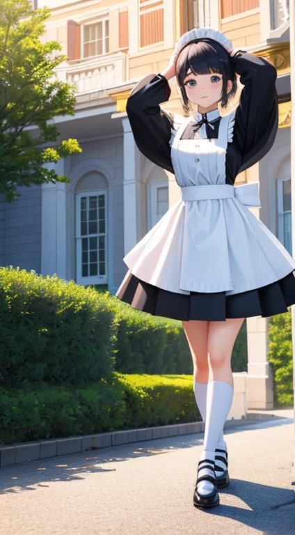 in 14 Day(asterpiece，Boutique，meticulous，Delicate scenery，beautiful lighteautiful light and shadoirl，whole body，Hold your chest out）huge，，charming look，mini skirt，Continuous content,，black，black高跟鞋，(Maid appearance),model pose,meticulous的皮肤纹理,Tyndall effect,mansion