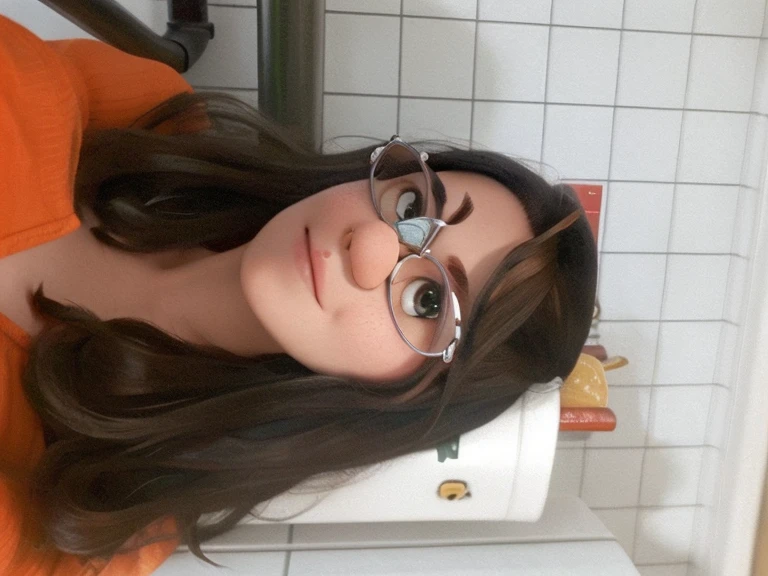mulher, cabelo longo liso escuro, wearing glasses drinking coffee