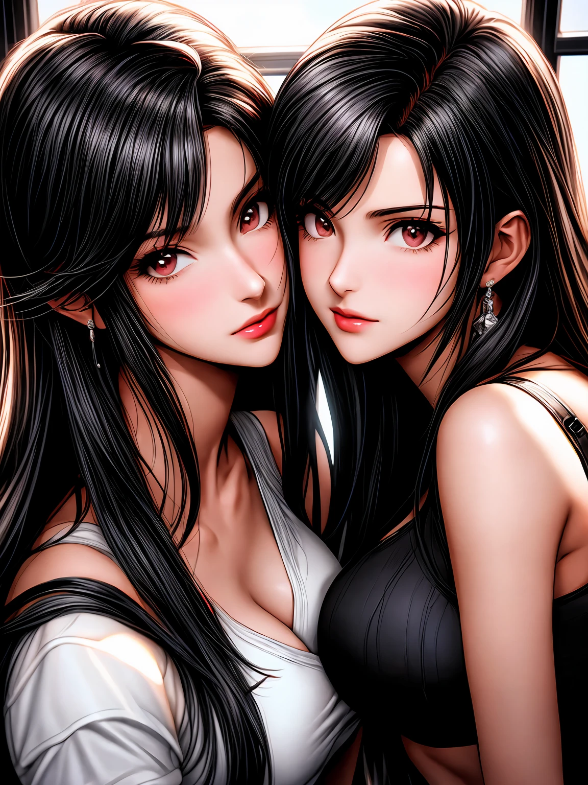 arafed image of a sexy posing together in a window, seductive tifa lockhart portrait, tifa, tifa lockhart, tifa lockheart, tifa lockhart portrait, glamorous tifa lockheart, portrait of tifa lockhart, tifa lockhart with Black and Red and white hair, range murata and artgerm, 8k high quality detailed art