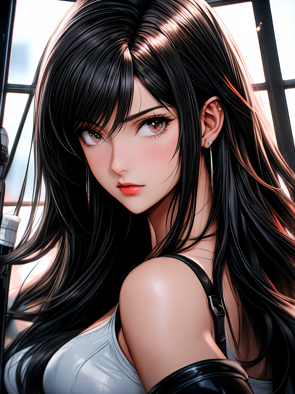 arafed image of a sexy couple posing together in a window, seductive tifa lockhart portrait, tifa, tifa lockhart, tifa lockheart, tifa lockhart portrait, glamorous tifa lockheart, portrait of tifa lockhart, tifa lockhart with Black hair, range murata and artgerm, 8k high quality detailed art