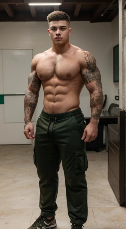 White age boy , lion tattoos 18 years old, military haircut, black hair, green eyes fixed, affiliated features, no facial hair, height 1.93, weight 100 kg, aesthetic muscular build, broad shoulders, V-shaped body, full body focus, completely hairless,