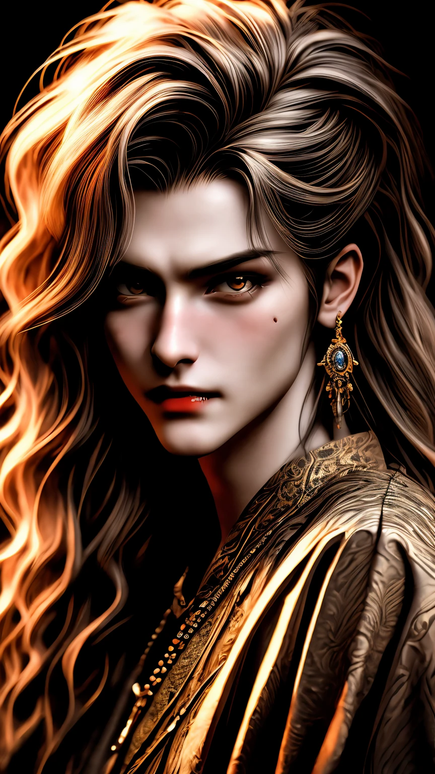 Lion fangs, long sharp teeth, vampire, HD photorealistic, hyper realistic, 35mm photography, beautiful live model, Pre-Raphaelite art style, finely detailed, dramatic lighting, intense shadows, vibrant colors.