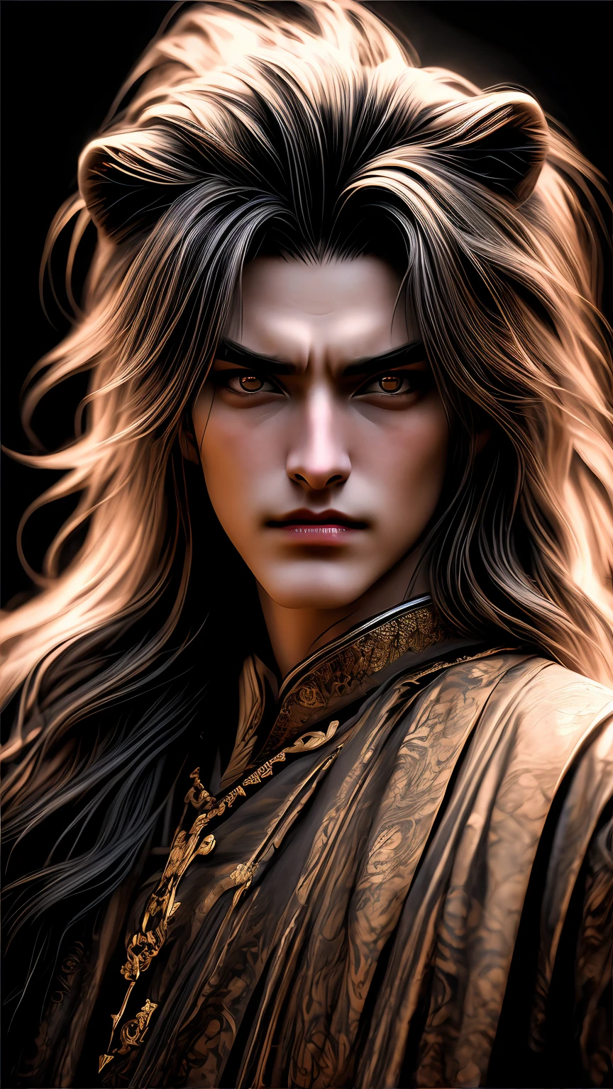 Lion fangs, long sharp teeth, vampire, HD photorealistic, hyper realistic, 35mm photography, beautiful live model, Pre-Raphaelite art style, finely detailed, dramatic lighting, intense shadows, vibrant colors.
