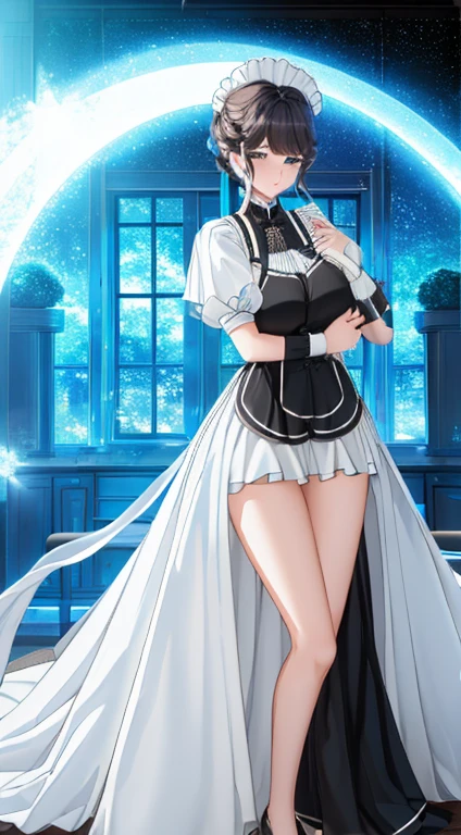 in 14 Day(asterpiece,Boutique,meticulous,Delicate scenery,beautiful lighteautiful light and shadoirl,whole body,Hold your chest out)huge,,charming look,mini skirt,Continuous content,,black,black高跟鞋,(Maid appearance),model pose,meticulous的皮肤纹理,Tyndall effect,mansion