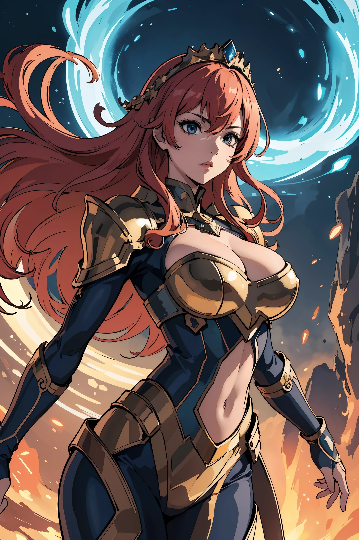 (best quality:1.2),lighting elemental, big hips, fit body, metallic crown, epic outfit, legendary, mythical theme, powerful pose