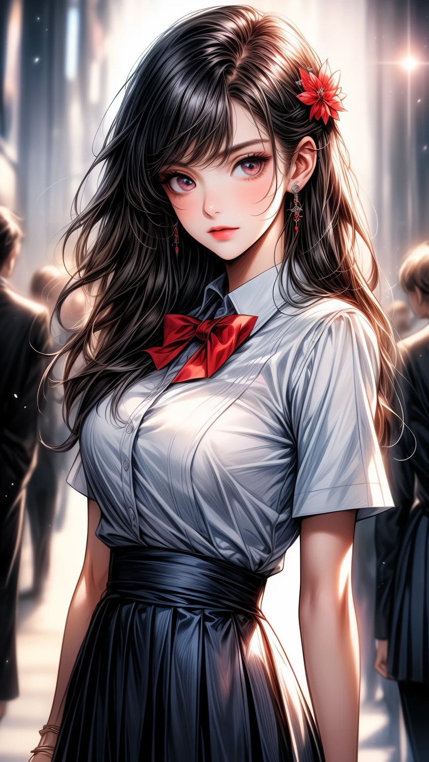 school_uniform,red bowtie,white shirt,Blue sweater vest,pleated_skirt,
flower hair clip, hair flower, hair ornament, 
Red eyes,bangs, black_hair, long_hair,
1 girl, 20yo,Young female,Beautiful Finger,Beautiful long legs,Beautiful body,
Beautiful Nose,Beautiful character design, perfect eyes, perfect face,expressive eyes,perfect balance,
looking at viewer,(Focus on her face),closed mouth, (innocent_big_eyes:1.0),(Light_Smile:0.3),
official art,extremely detailed CG unity 8k wallpaper, perfect lighting,Colorful, Bright_Front_face_Lighting,White skin,
(masterpiece:1.0),(best_quality:1.0), ultra high res,4K,ultra-detailed,
photography, 8K, HDR, highres, absurdres:1.2, Kodak portra 400, film grain, blurry background, bokeh:1.2, lens flare, (vibrant_color:1.2),professional photograph,
(Beautiful,large_Breasts:1.4), (beautiful_face:1.5),(narrow_waist),