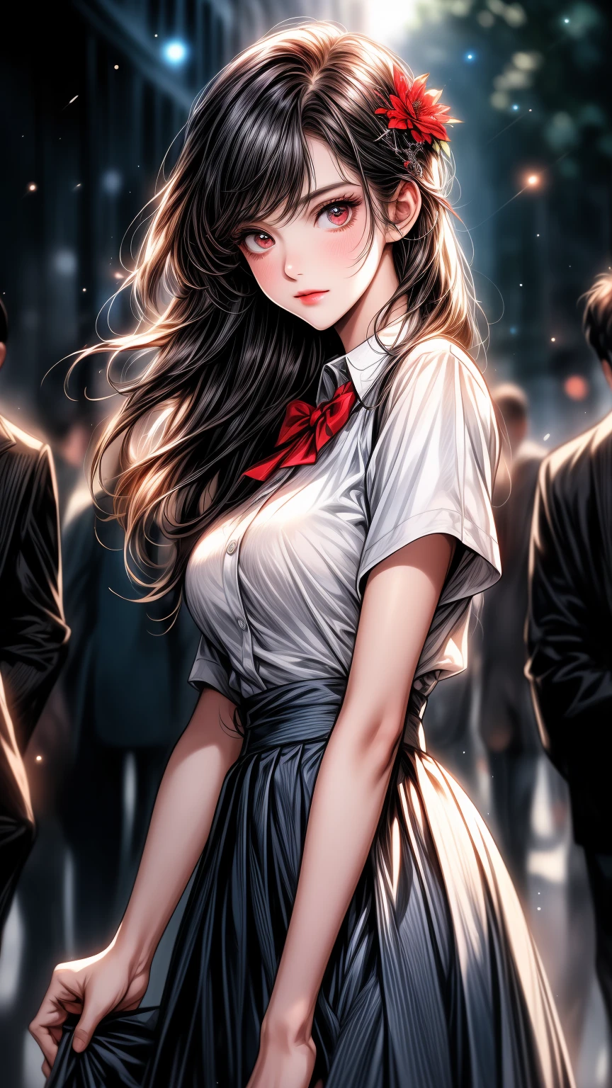 school_uniform,red bowtie,white shirt,Blue sweater vest,pleated_skirt,
flower hair clip, hair flower, hair ornament,
Red eyes,bangs, black_hair, long_hair,
1 girl, 20yo,Young female,Beautiful Finger,Beautiful long legs,Beautiful body,
Beautiful Nose,Beautiful character design, perfect eyes, perfect face,expressive eyes,perfect balance,
looking at viewer,(Focus on her face),closed mouth, (innocent_big_eyes:1.0),(Light_Smile:0.3),
official art,extremely detailed CG unity 8k wallpaper, perfect lighting,Colorful, Bright_Front_face_Lighting,White skin,
(masterpiece:1.0),(best_quality:1.0), ultra high res,4K,ultra-detailed,
photography, 8K, HDR, highres, absurdres:1.2, Kodak portra 400, film grain, blurry background, bokeh:1.2, lens flare, (vibrant_color:1.2),professional photograph,
(Beautiful,large_Breasts:1.4), (beautiful_face:1.5),(narrow_waist),