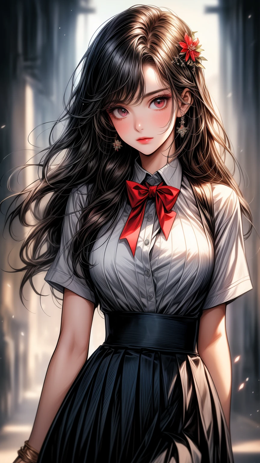  (1girl:1.3, solo), (a extremely pretty and beautiful Japanese woman), (sexy girl), (professional attire:1.3), (22 years old: 1.1), (attractive random posing:1.3), ( long, wavy black hair with red highlights :1.2), bangs, red eyes, beautiful eyes, princess eyes, (big eyes:1.3), bangs, long hair:1.3,(big breasts:0.95), (thin waist: 1.15), (detailed beautiful girl: 1.4), Parted lips, Red lips, full-make-up face, (shiny skin), ((Perfect Female Body)), (Upper Body Image:1.3), Perfect Anatomy, Perfect Proportions, (most beautiful Korean actress face:1.3, extremely cute and beautiful Japanese actress face:1.3), BREAK, (View viewer, wearing a school girl uniform, (insanely detailed collared sailor shirt:1.3, long-sleeve:1.3), (black box-skirt:1.3), detailed clothes, (simple background:1.2) (Studio soft lighting: 1.3), (sunlights: 1.3), (backlight: 1.3), (Realistic, Photorealistic: 1.37), (Masterpiece, Best Quality: 1.2), (Ultra High Resolution: 1.2), (RAW Photo: 1.2), (Sharp Focus: 1.3), (Face Focus: 1.2), (Ultra Detailed CG Unified 8k Wallpaper: 1.2), (Beautiful Skin: 1.2), (Hyper Sharp Focus: 1.5), (Ultra Sharp Focus: 1.5), (Beautiful pretty face: 1.3), (super detailed background, detail background: 1.3), Ultra Realistic Photo, Hyper Sharp Image, Hyper Detail Image, soft light, (natural skin texture:1.2), (hyperrealism:1.2), sharp focus, focused,[[realistic]]