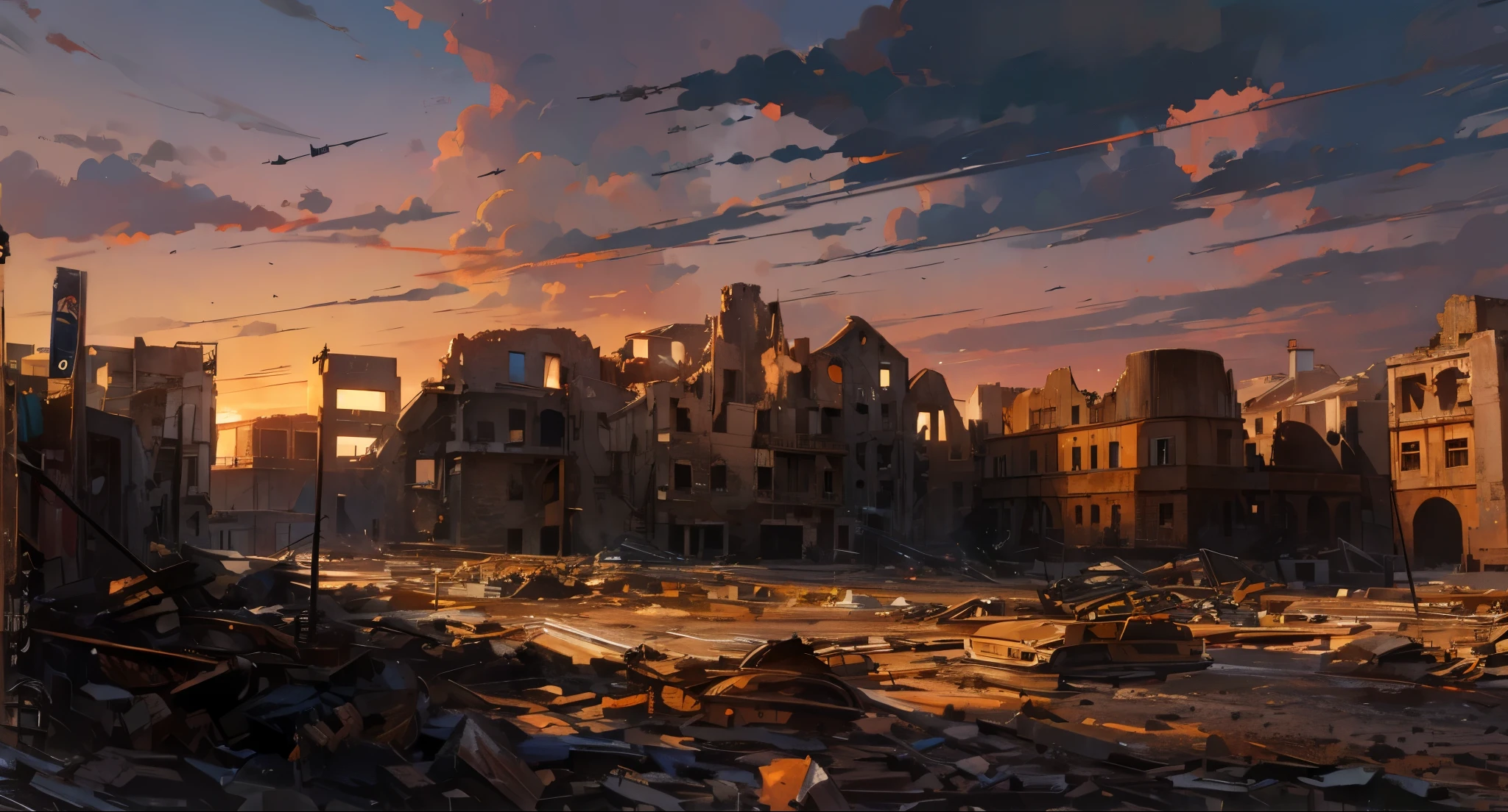 world war destroyed city, (destroyed europian buildings), evening sky, dusk time, gloomy