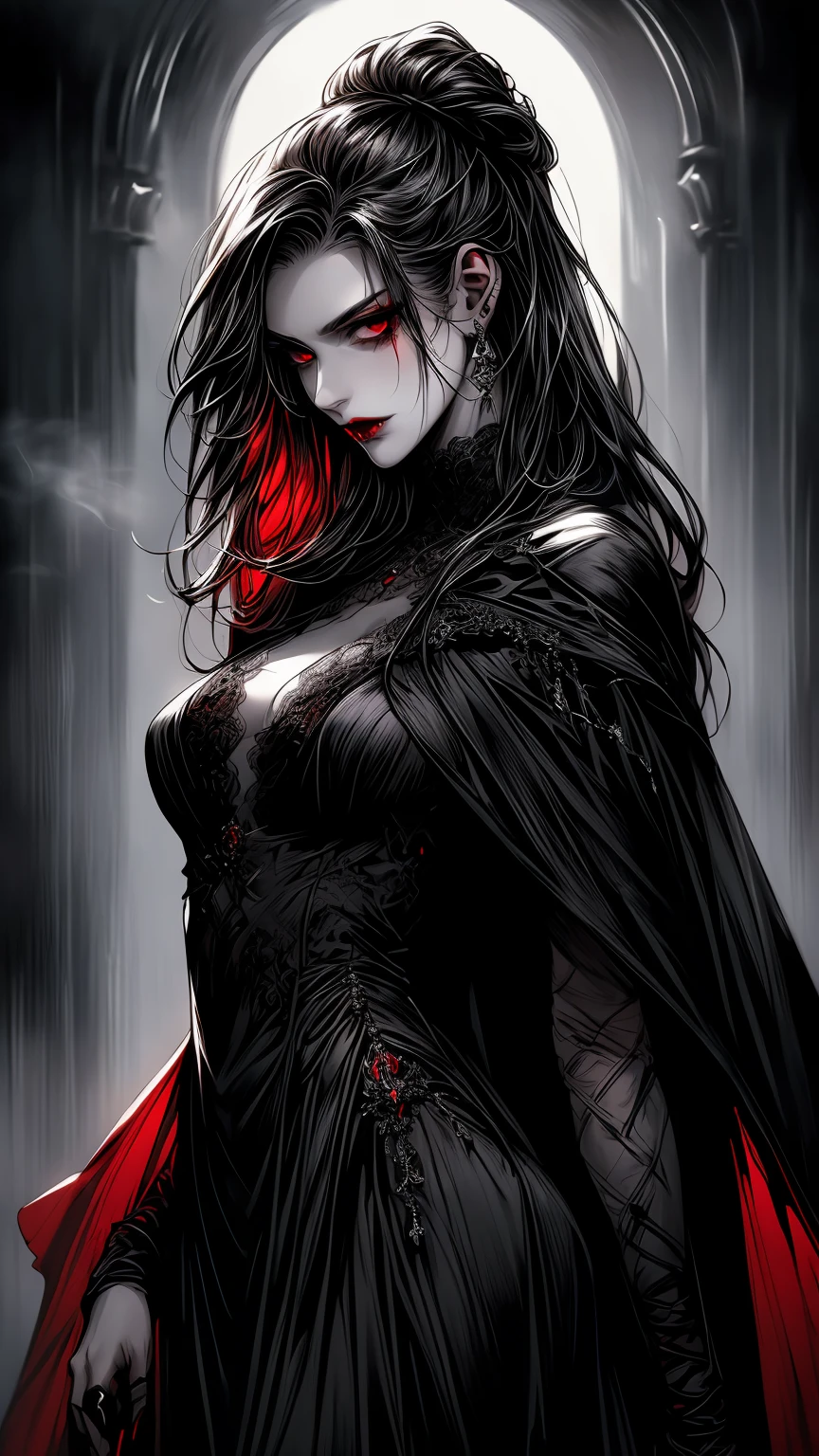 A sexy vampire in a black dress with fangs, (best quality, high-res, masterpiece:1.2), captivating eyes, seductive dark lipstick, flowing black hair, pale skin, alluring gaze, mysterious atmosphere, moonlit night, gothic setting, hauntingly beautiful, enchanting presence, blood-red nails, elegant posture, dangerous yet irresistible charm, (dramatic lighting, low-key lighting), seductive expression, intense and passionate, seductive aura, (horror style, dark art), (dramatic color grading, deep hues, crimson tones), (soft focus, ethereal glow), (vivid colors, contrasting shadows), (studio lighting, dramatic shadows), (fantasy art, dark fantasy), (sinister beauty), (detailed lace, intricate details on the dress), (subtle smoke effects, misty atmosphere), (long flowing cape), (sharp and precise details), (sensual poses), (mysterious expression), (nightmarish undertones).