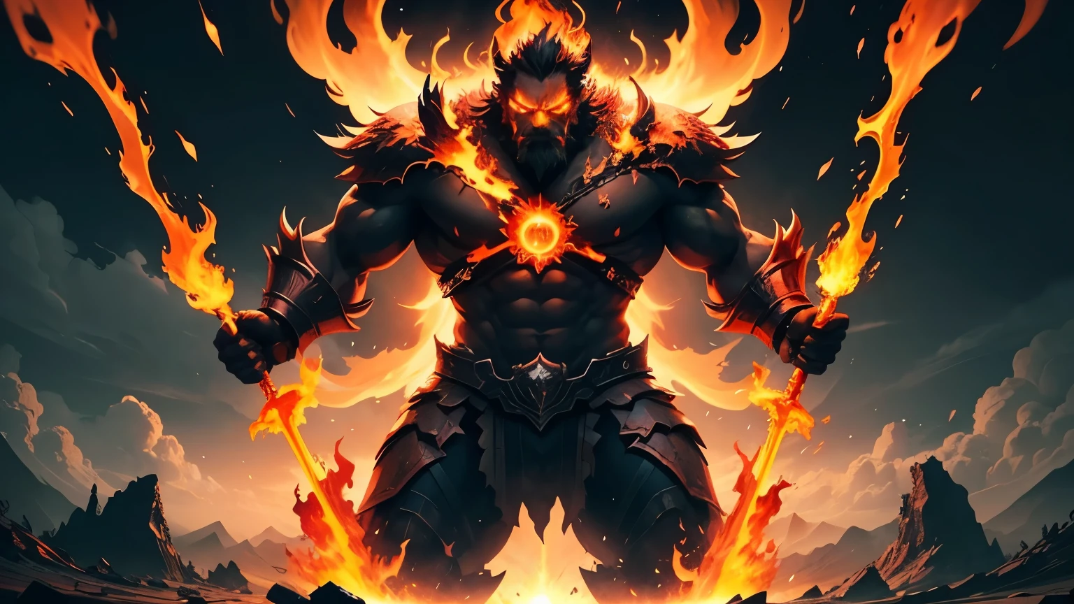 fire giant,Surtr,flames engulfing,destructive force,burning red,fiery eyes,smoke billowing,heated atmosphere,scorching heat,giant figure,massive size,powerful presence,molten lava,body made of fire,melting everything in its path,collapsing buildings,crumbling mountains,apocalyptic scene,desolation,fiery explosions,emitting intense heat,radiating energy,infernal power,cosmic inferno,devastation,flaming sword,glowing embers,volcanic eruption,embers swirling,raging inferno,blazing heat waves,powerful roar,death and destruction,immense heat and flames,rising from the ashes,dystopian landscape,rebirth,ravaged world,tremendous strength,mythical creature,unleashing chaos and destruction,unstoppable force of nature