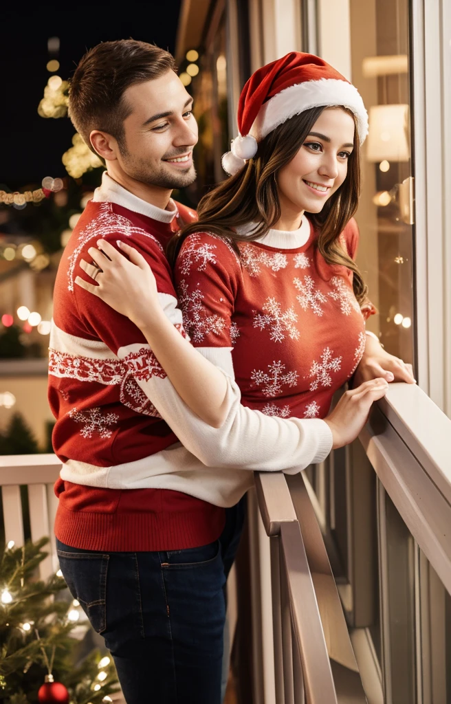 A couple hugging on the balcony during Christmas, they are in Christmas clothes 