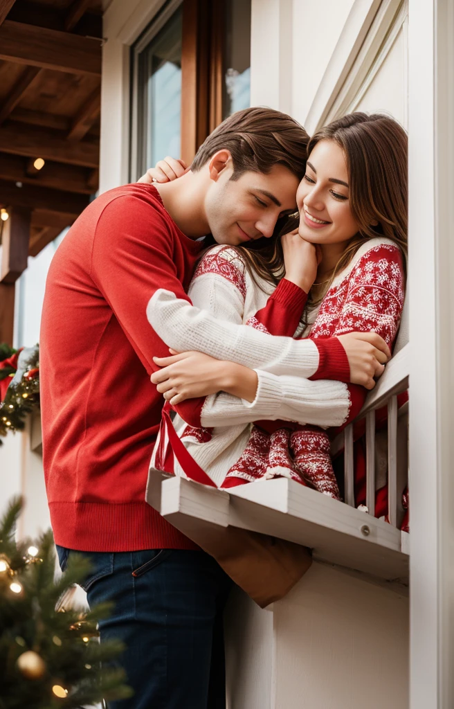 A couple hugging on the balcony during Christmas, they are in Christmas clothes