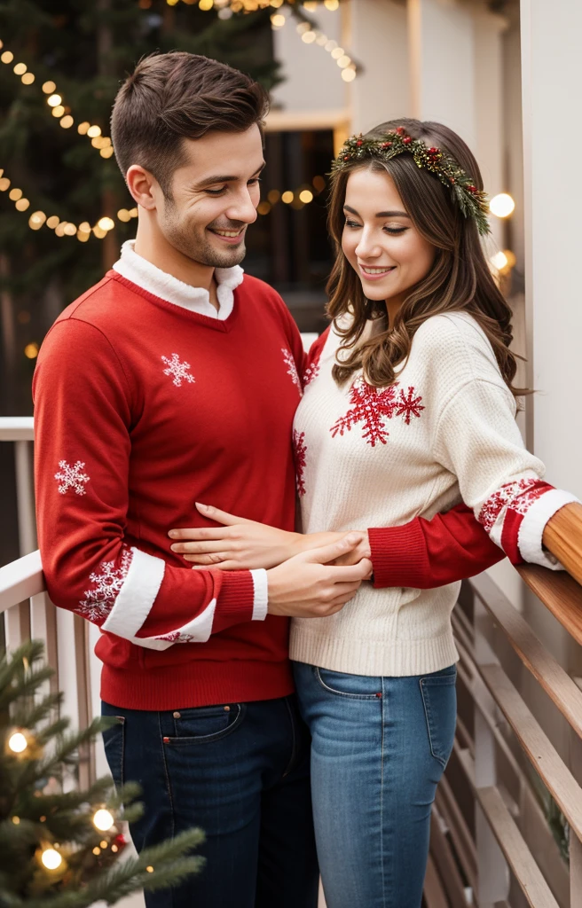 A couple hugging on the balcony during Christmas, they are in Christmas clothes