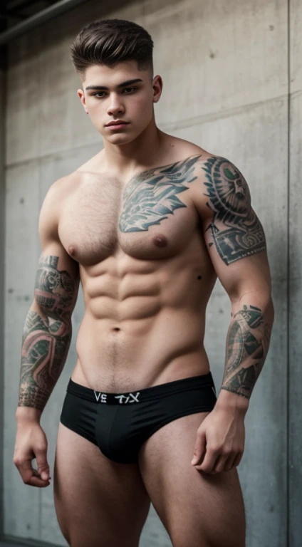 White age boy , wolf tattoos , 18 years old, military haircut, black hair, green eyes fixed, affiliated features, no facial hair, height 1.93, weight 100 kg, aesthetic muscular build, broad shoulders, V-shaped body, full body focus, completely hairless,