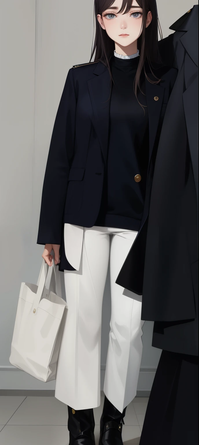here is a woman standing in a room with a purse, With two front pockets, wearing long, loose clothes, wear - white style, Белая и черная Cloth, close-up shot of half body, Повседневная Cloth, черно-белая Cloth, White pants, Close to thin, Cloth: policeman, Medium close up, wear smart casual clothes, wearing acne Cloth