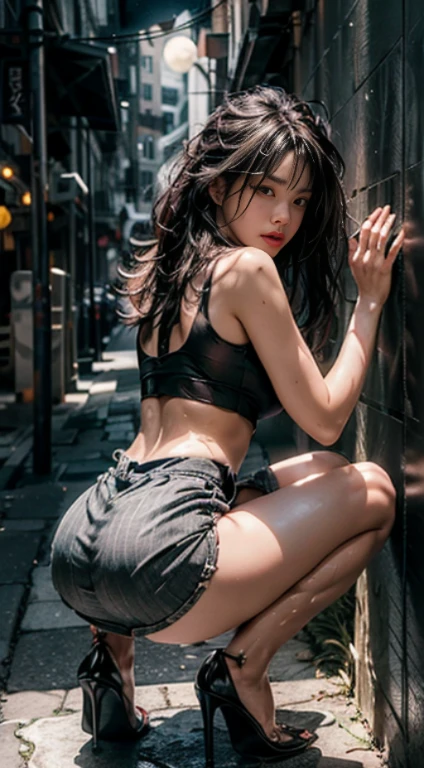 Charming woman in a short white ultra-low rise skirt、Her OL uniform elegantly draped over her curvy figure、(Ultra-low rise skirt)、She crouched worriedly behind the corner wall、There are pedestrians passing by、bathed in the soft light of the moonlight、The scene is、With a mysterious and sexy touch、It exudes an ethereal dreamy atmosphere。The lights are filled with soft moonlight、casting soft highlights and shadows on her charming features。(black lence stockings,long leges)、Wear an OL uniform、Short skirt with low rise、black heels、Large breasts、Long legs、perspired、Three-dimensional facial features、4k、8k、RAW photography、best qualityer、(with short black hair)、A high resolution、High-quality photos、pensive expression、Melancholy、Open-mouthed、Stick out your tongue、is shy、(Wear thongs、High slit、open waist、Bare back、Gray tight miniskirt、Tong)、back shots、Watching from behind、squating、Thong full view