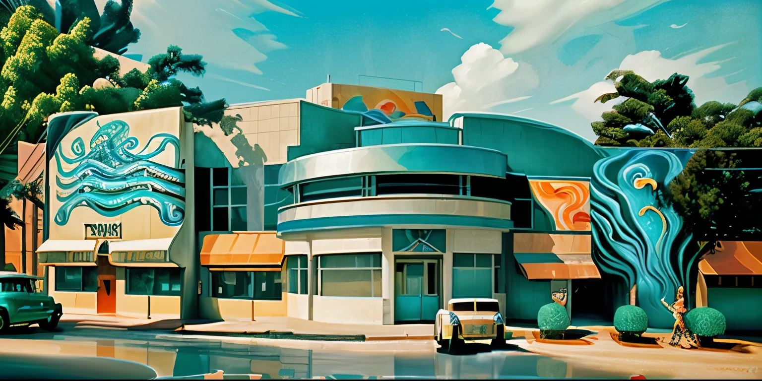Art Deco undertow. Gleaming chrome waves and stylized fish dance across the building in a vibrant Art Deco mural.